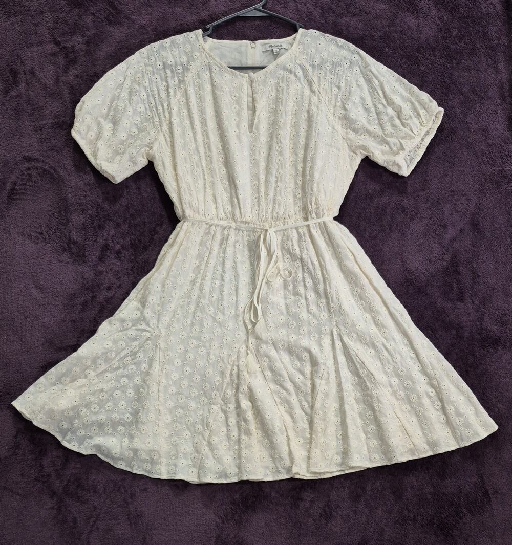 Madewell Eyelet Mini Dress Size 8 Floral Embroidered Off White Cream Tassel Tie